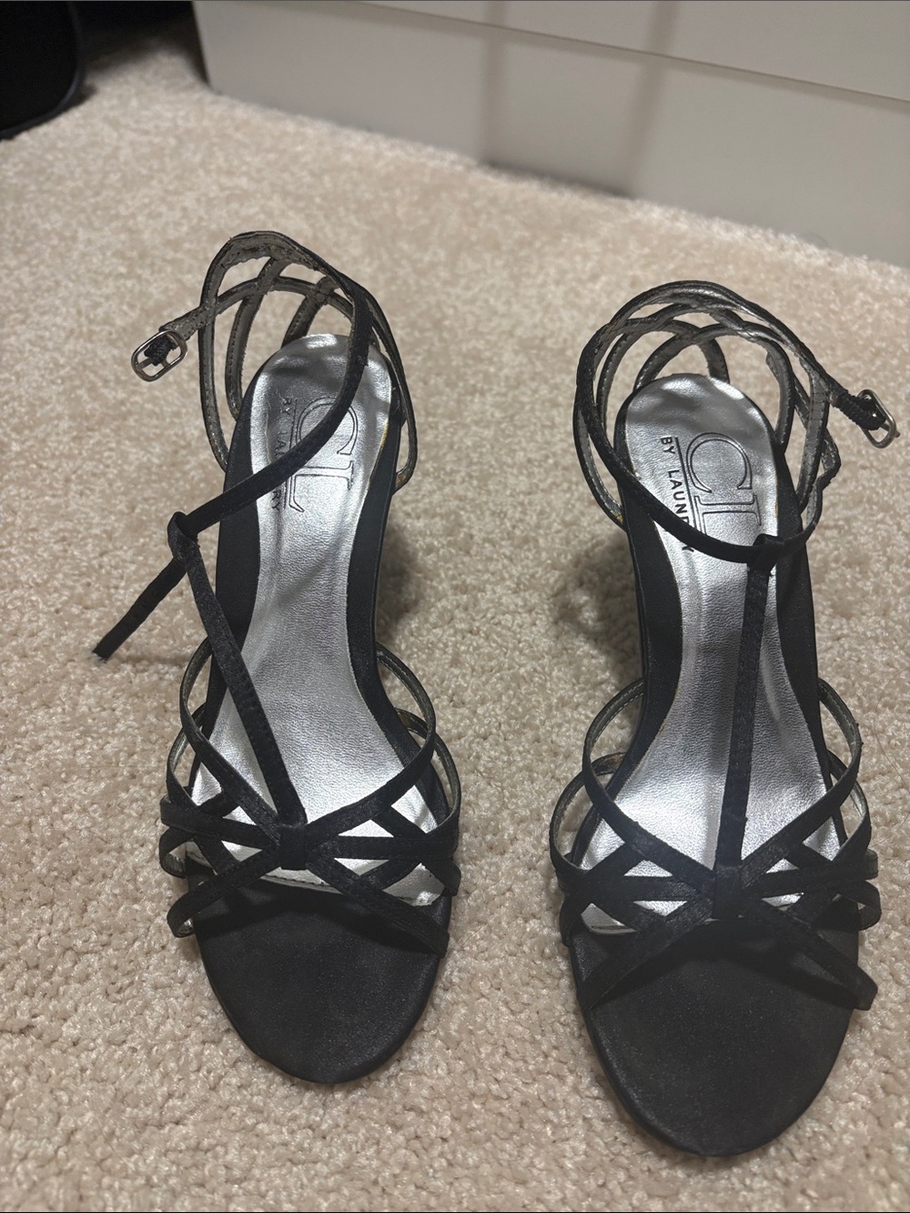 CL by Laundry Black Strappy Lace-Up Heels with Silver Insole